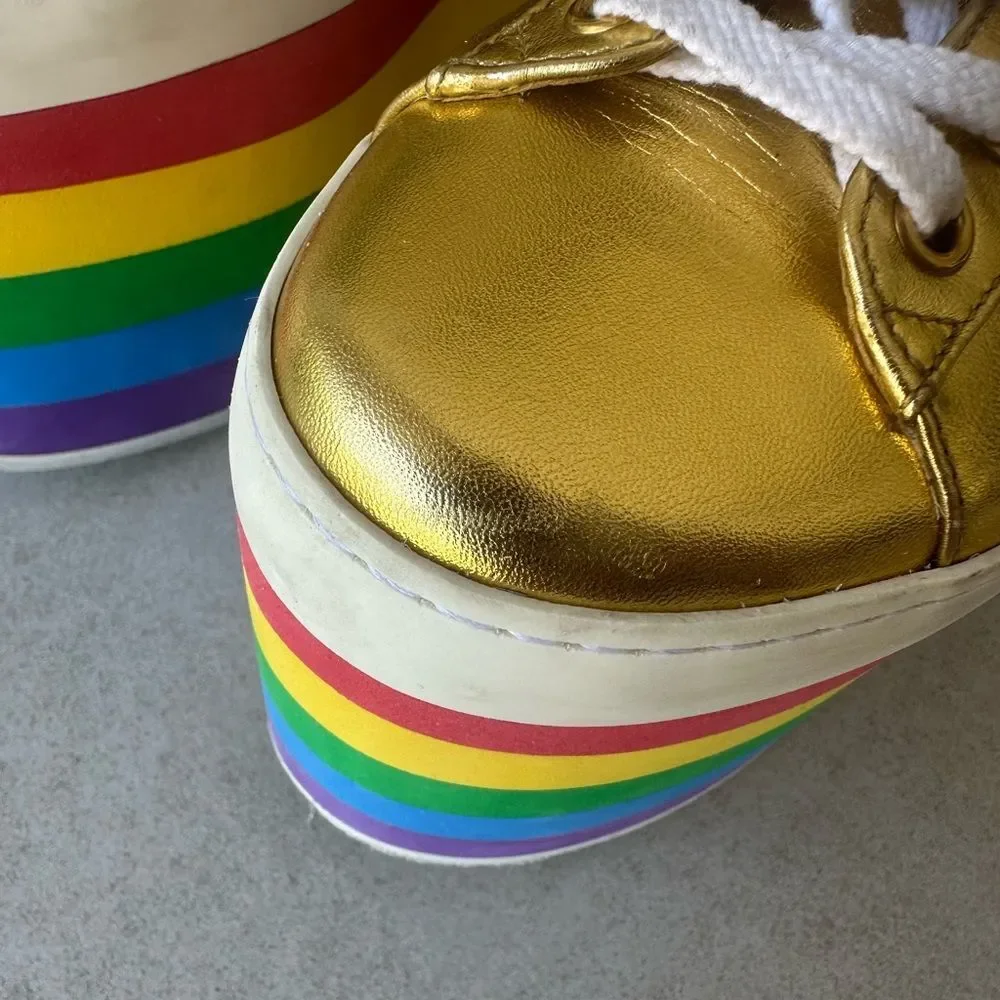 Gucci Peggy Rainbow Platform Sneakers EU 38 US 8 Gold Lace Up Slatform Shoes